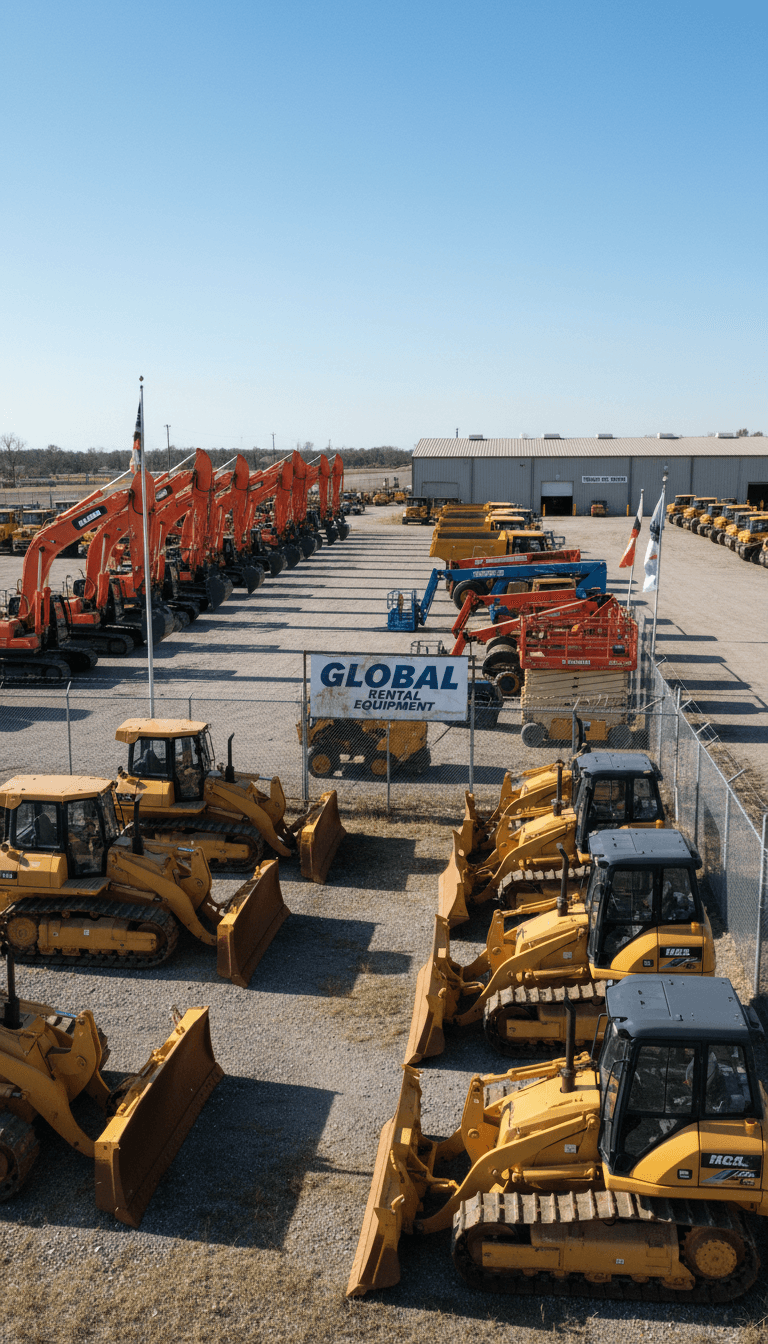 Equipment rental yard with machines for construction and home projects